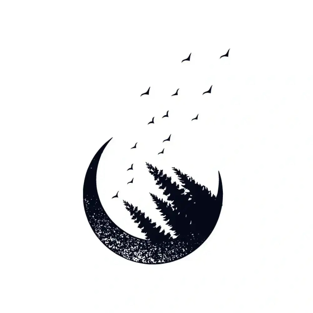 Forest Moon tattoo sticker of crescent moon, evergreen trees, and birds