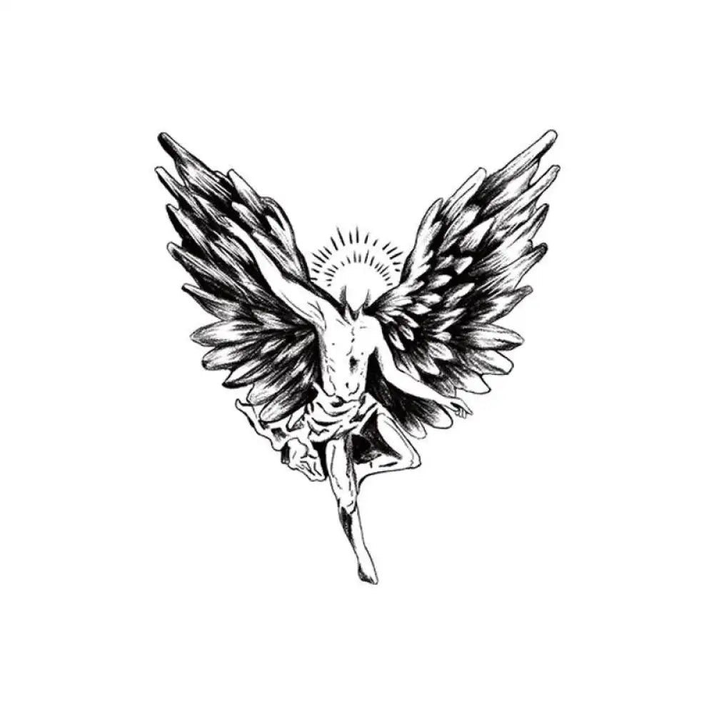 Black and white angel sketch tattoo sticker with wings and halo for small tattoo designs