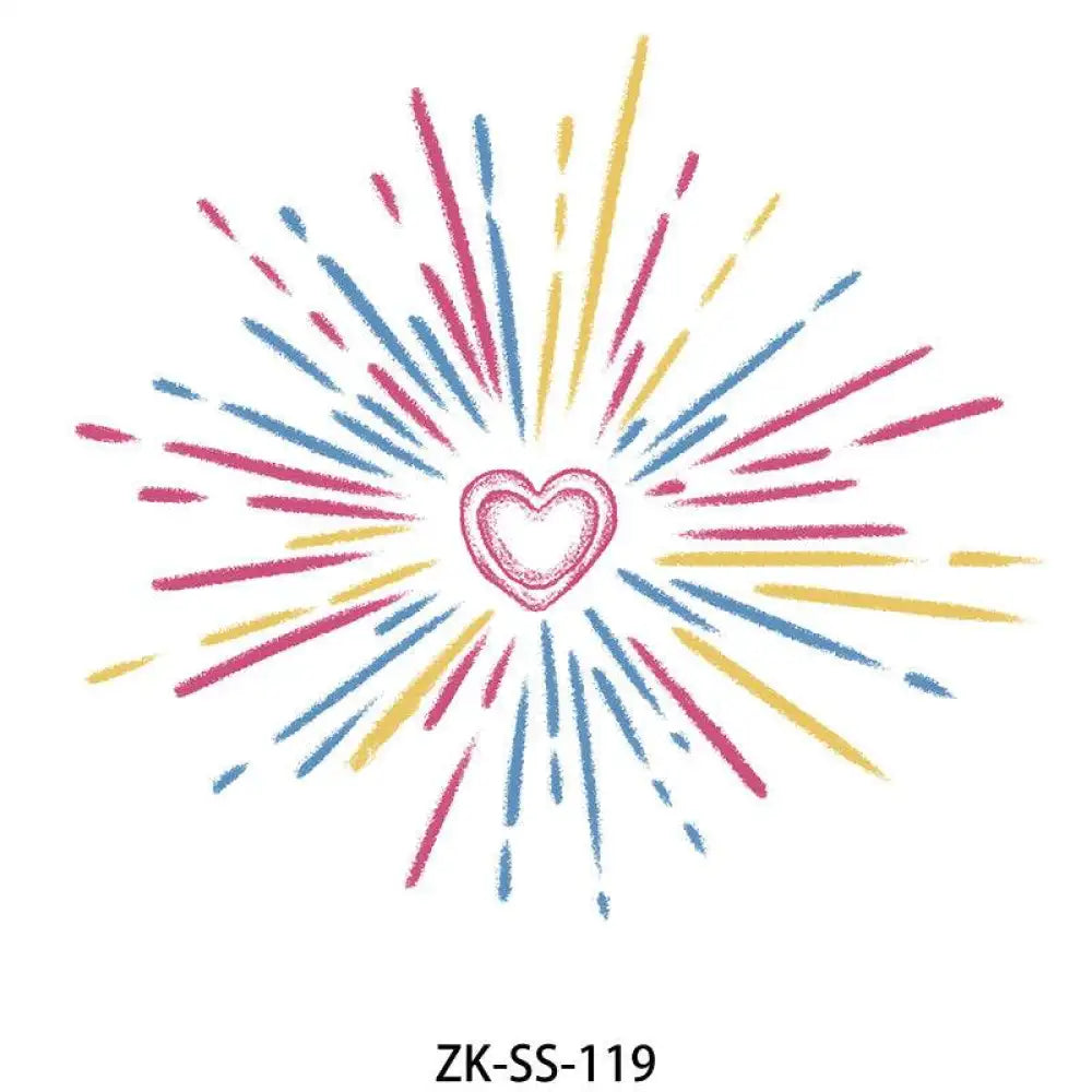 Green Floral tattoo sticker featuring a heart radiating colorful dashed lines, small tattoo design