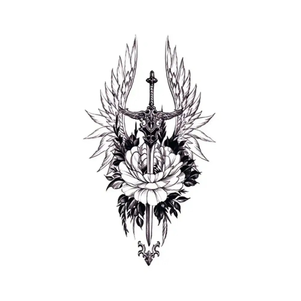 Detailed black and white guardian sword tattoo sticker with winged blade piercing peony