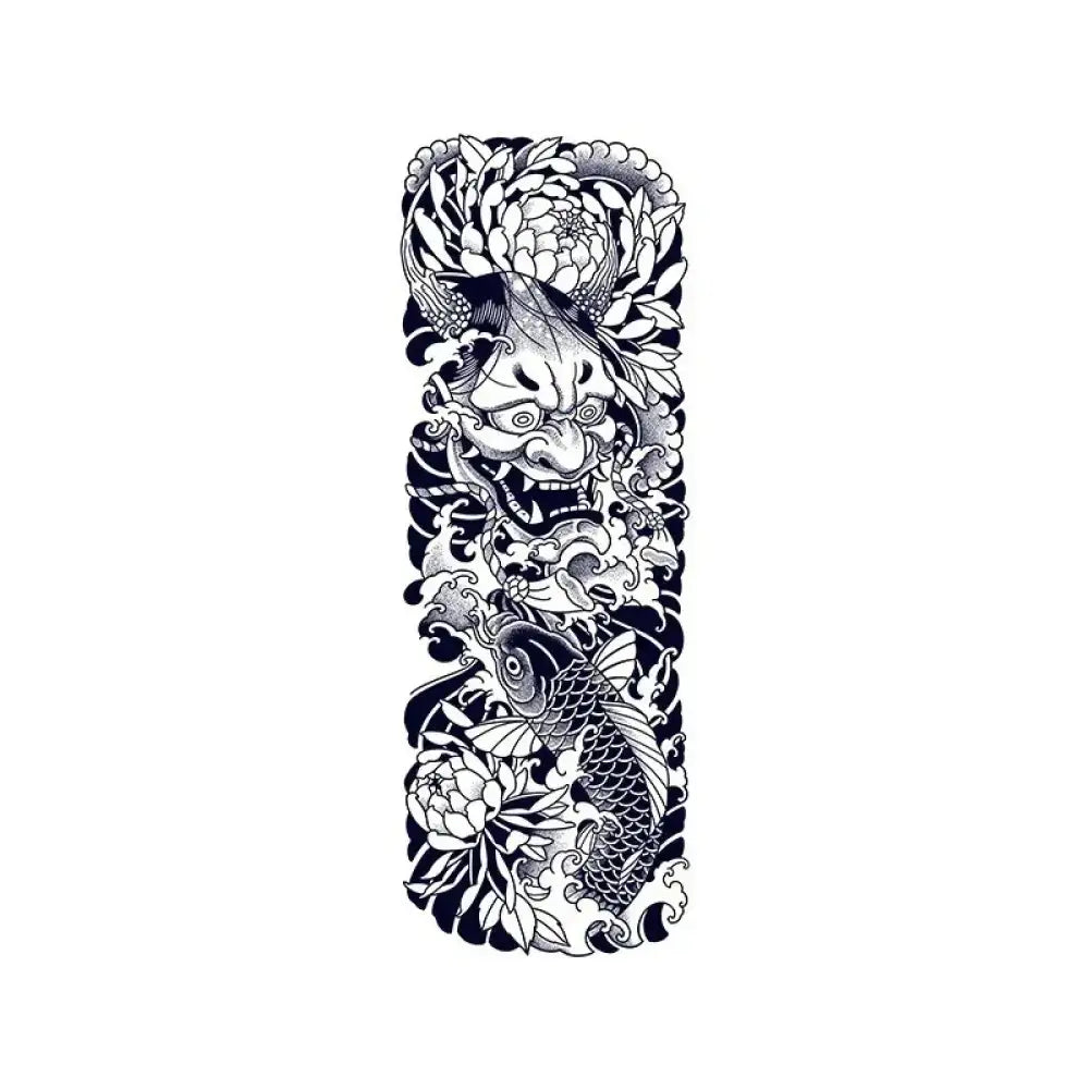 Black and white Hannya koi fish tattoo sticker sleeve with peonies