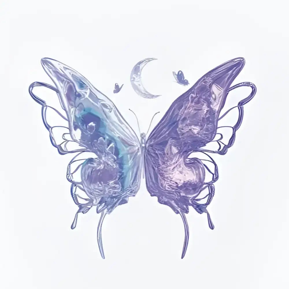 Iridescent Chrysalis tattoo sticker featuring a stylized butterfly with iridescent blue and purple wings, crescent moon, and smaller butterflies, showcasing an advanced hand-drawn design with real reviews