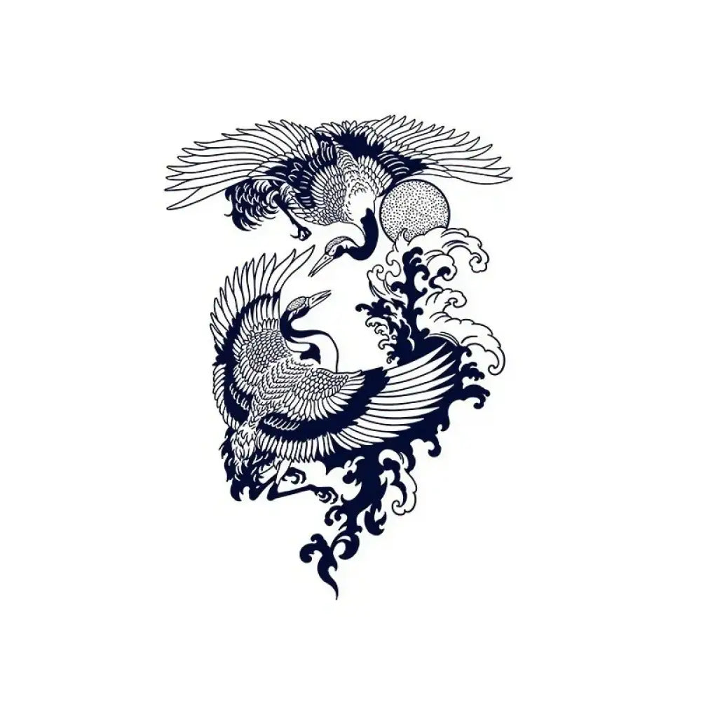 Stylized Japanese cranes and waves tattoo sticker in traditional art style for small tattoos