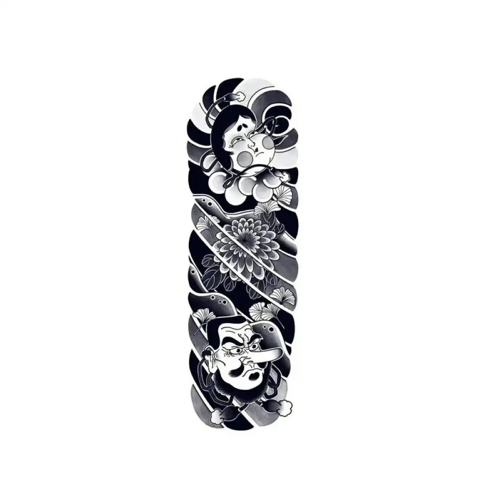 Japanese Ukiyo-e 2 black and white tattoo sticker sleeve with masks and floral patterns