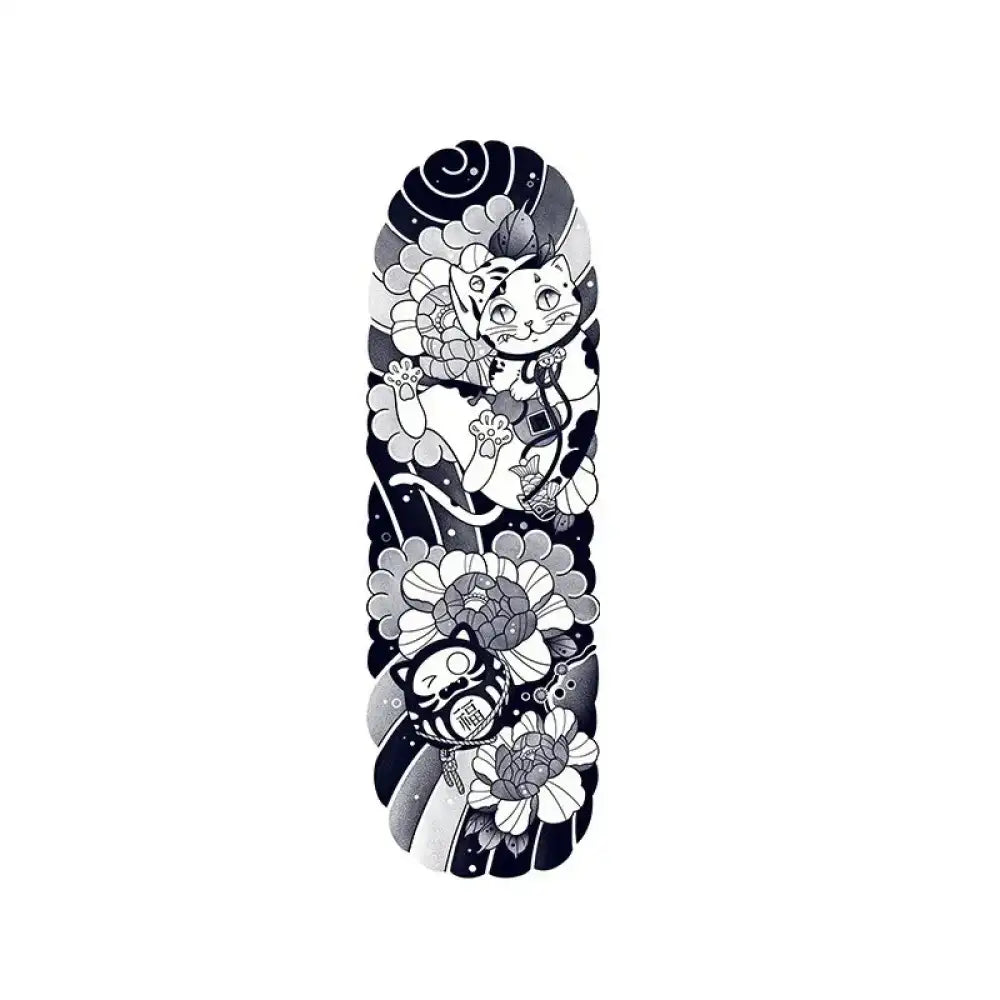 Monochrome Maneki-neko and peony tattoo sleeve sticker in Japanese Ukiyo-e 4