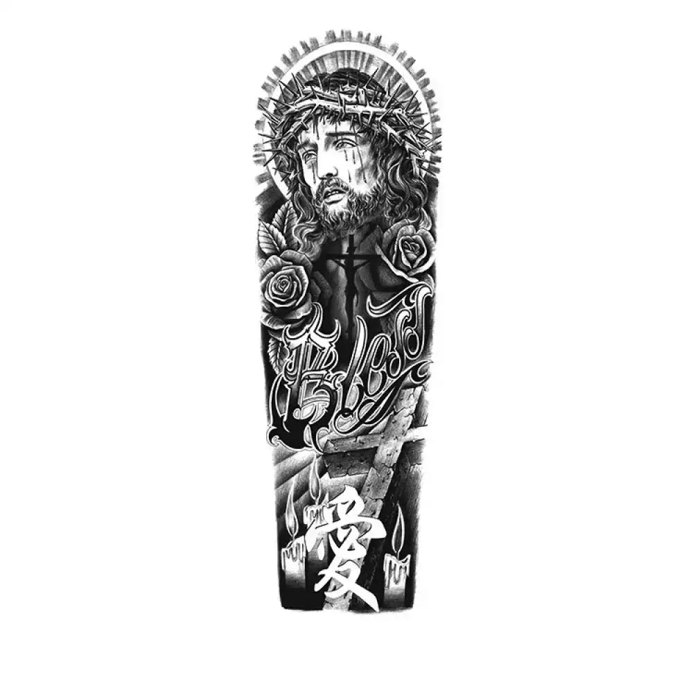 Black and white Jesus redemption tattoo sticker with cross, roses, candles