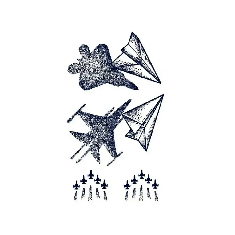 Dot-art style fighter jets transforming into paper planes in a dynamic paper plane formation
