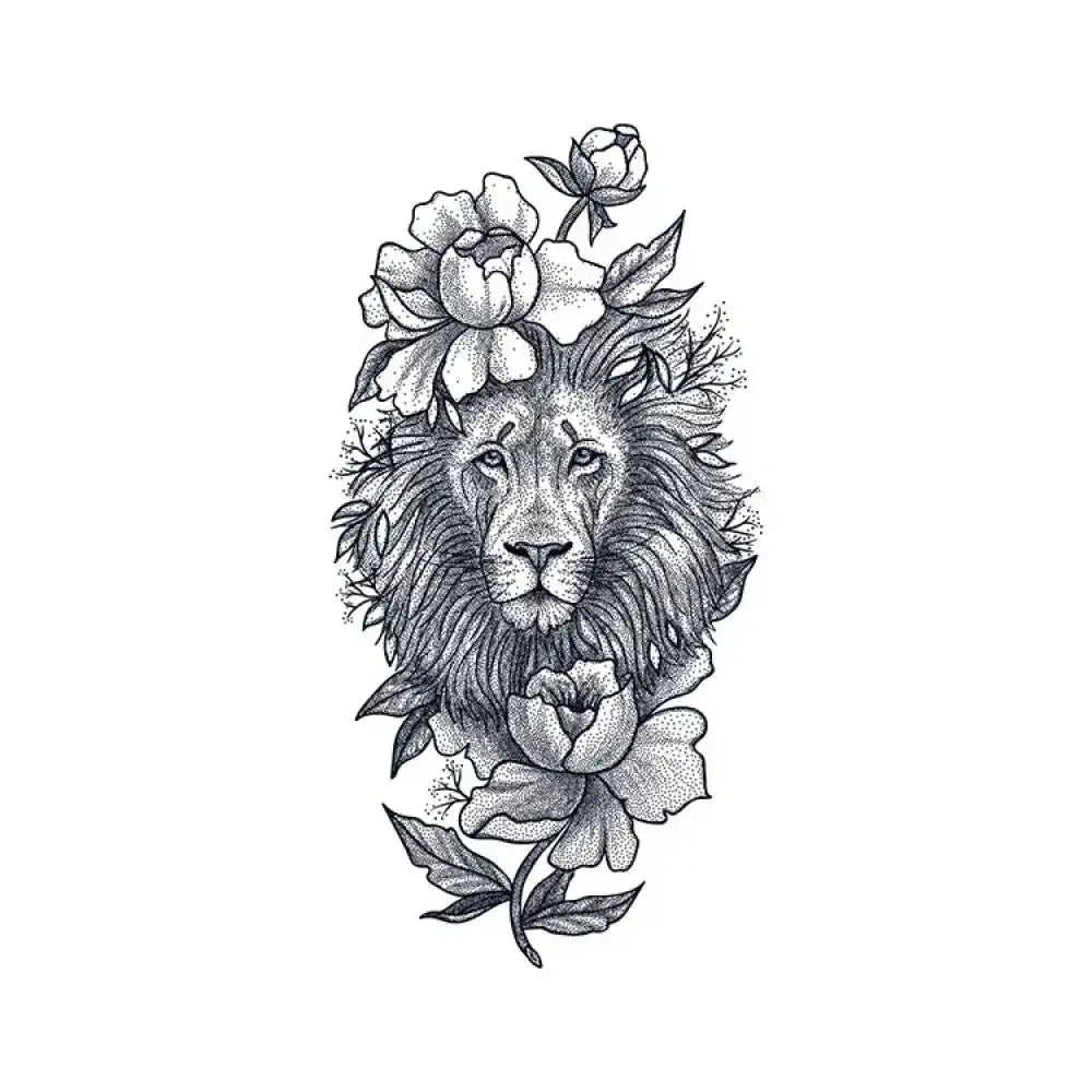 Black and white lion head with flowers in dot-work tattoo design