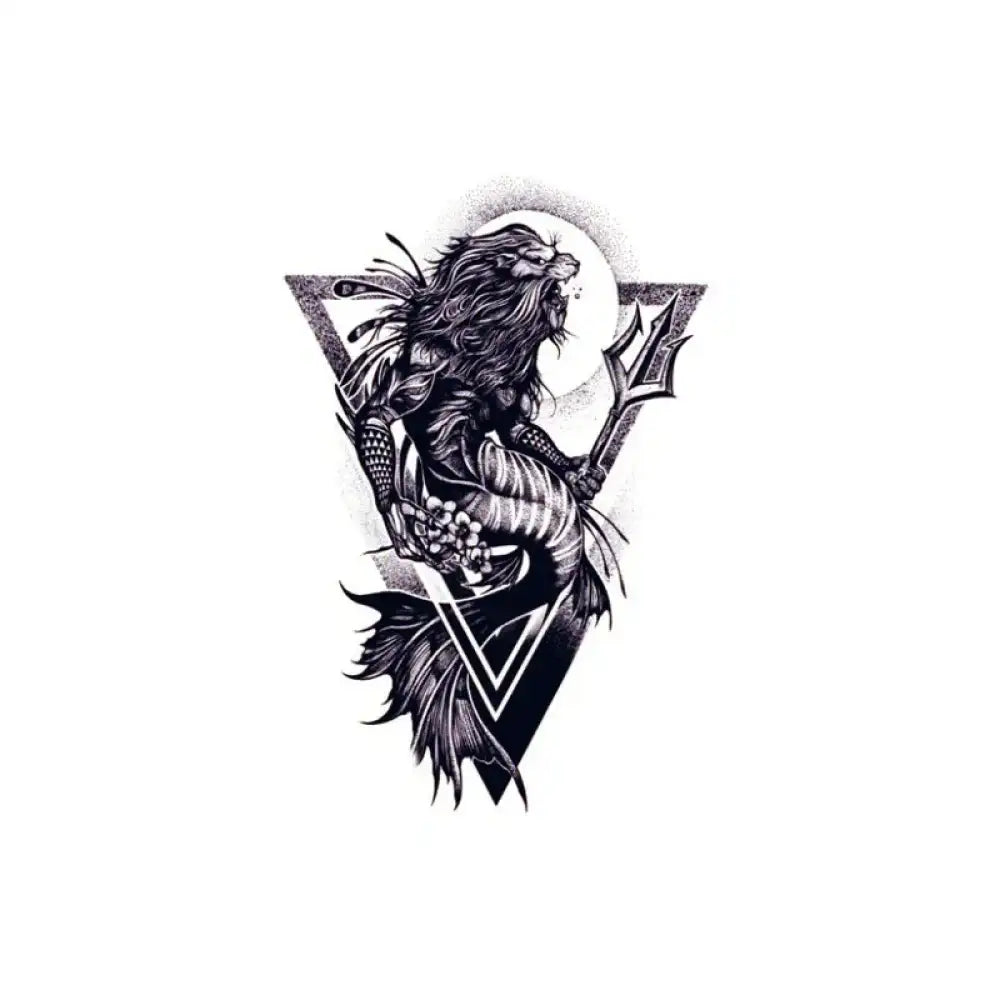Black and white lion merman tattoo sticker with trident in triangle