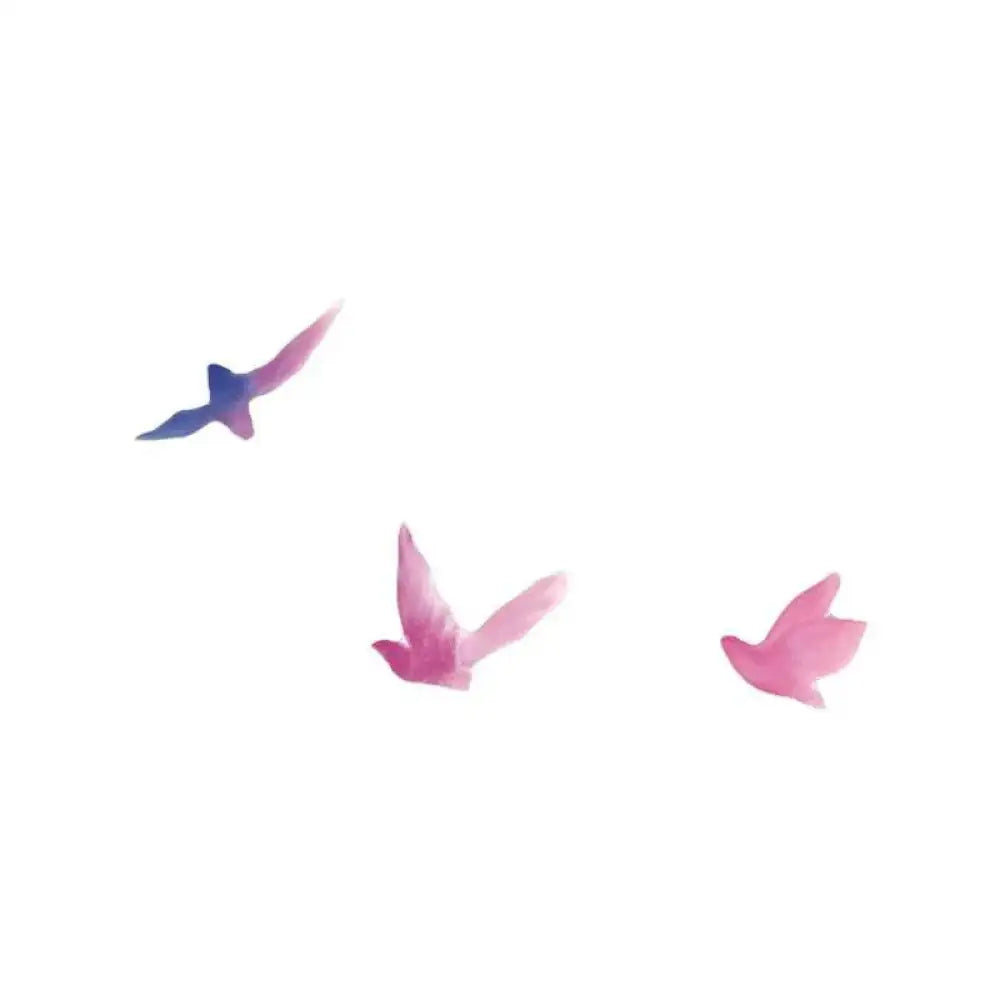 Watercolor tattoo sticker featuring three pink and blue birds in an advanced hand-drawn design