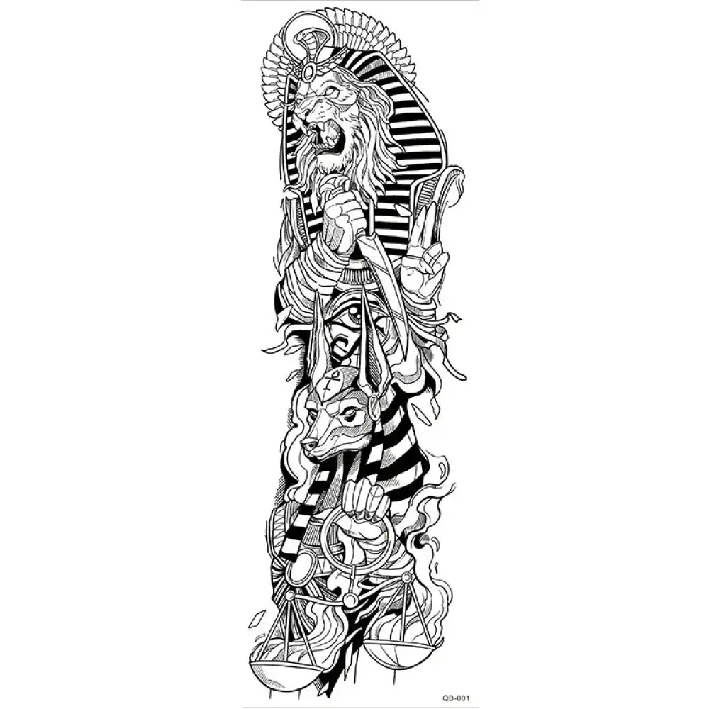 Black and white Maahes and Anubis tattoo sticker with Egyptian lion pharaoh design