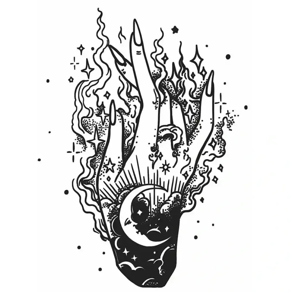 Mystical magic hand with celestial and fiery elements, small tattoo sticker design