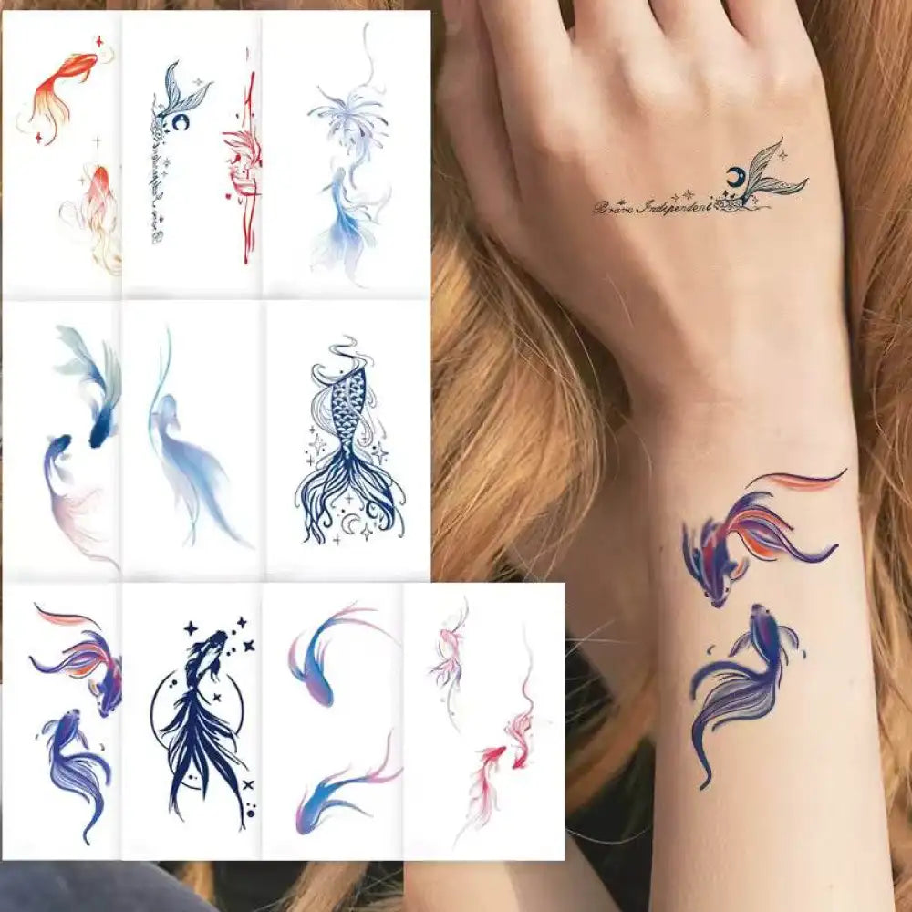 Temporary tattoo sheets featuring fish and mermaid designs from Mermaid Dreams tattoo sticker collection with real reviews