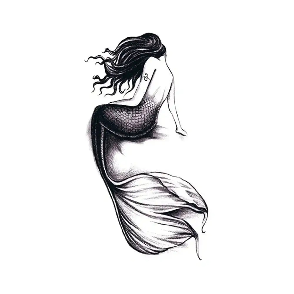 Monochromatic mermaid sketch with flowing hair and scaled tail tattoo design