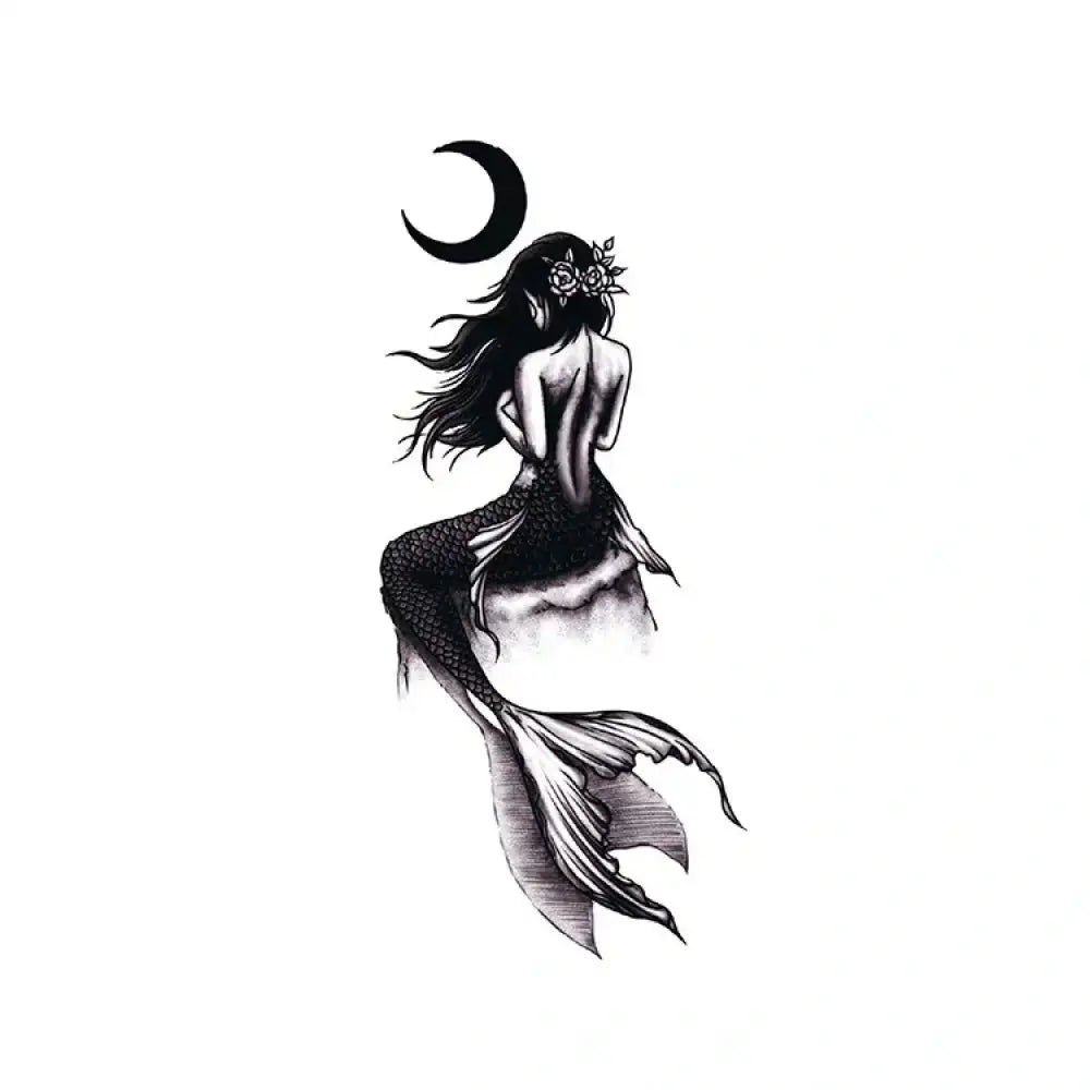 Black and white mermaid tattoo sticker with crescent moon design