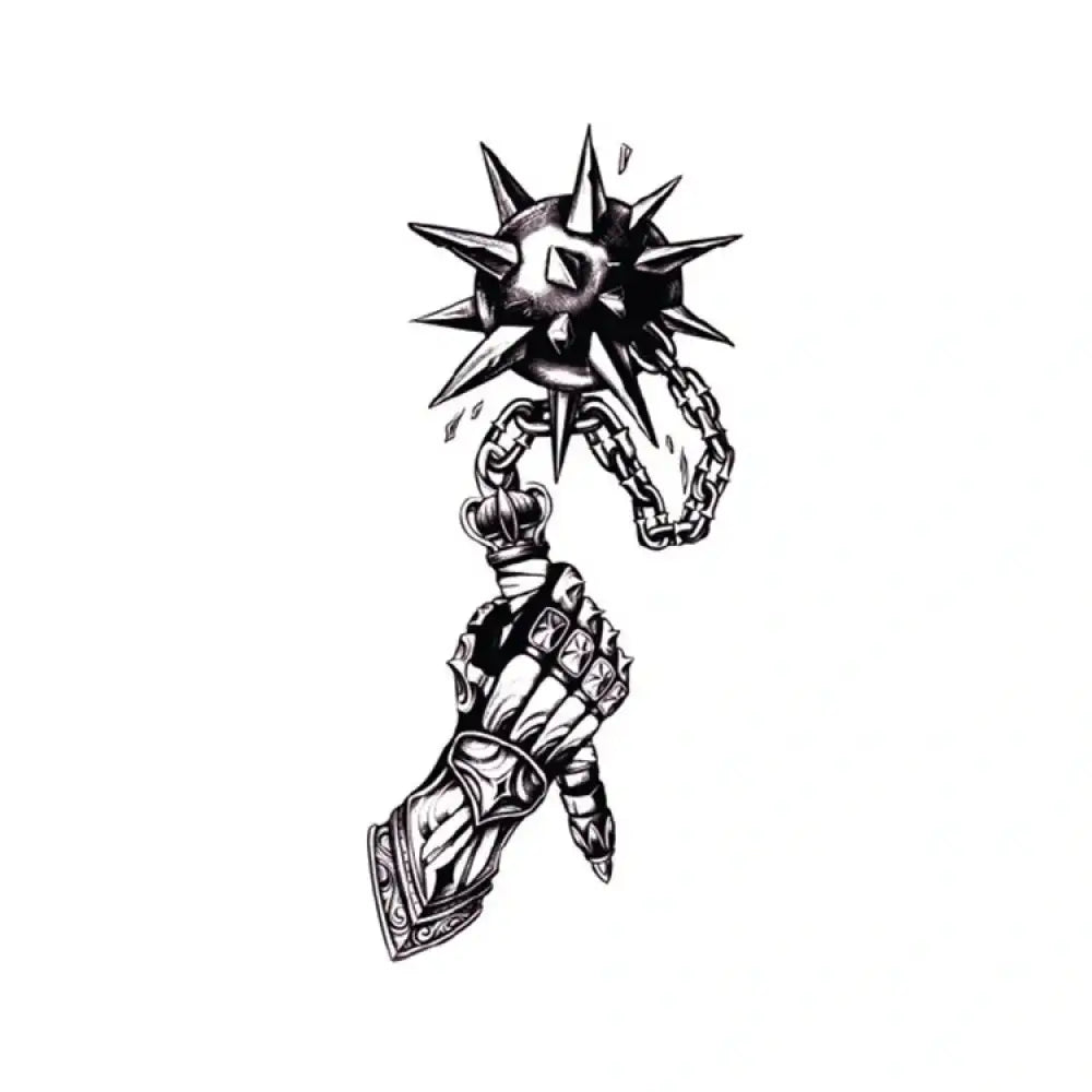 Meteor hammer flail with spiked ball and gauntleted hand on chain tattoo sticker