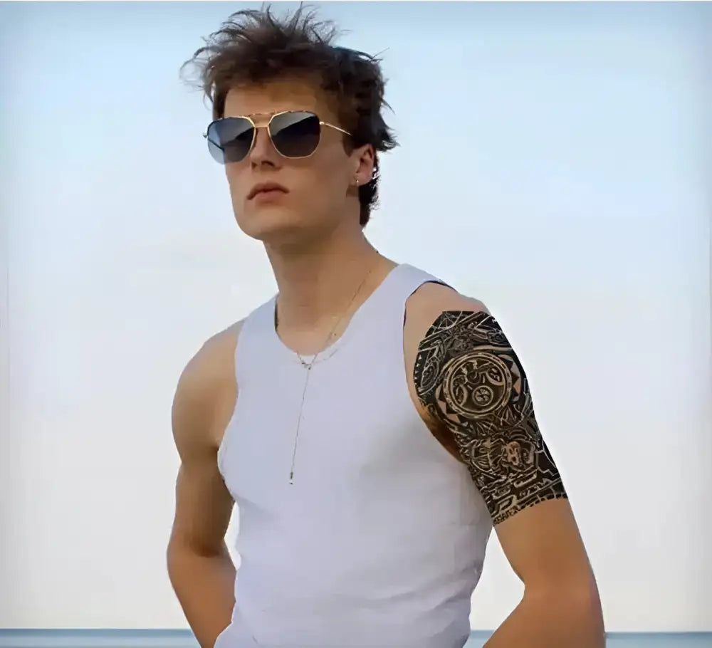 White tank top with tribal lion temporary tattoo sticker on arm, Money and Power design