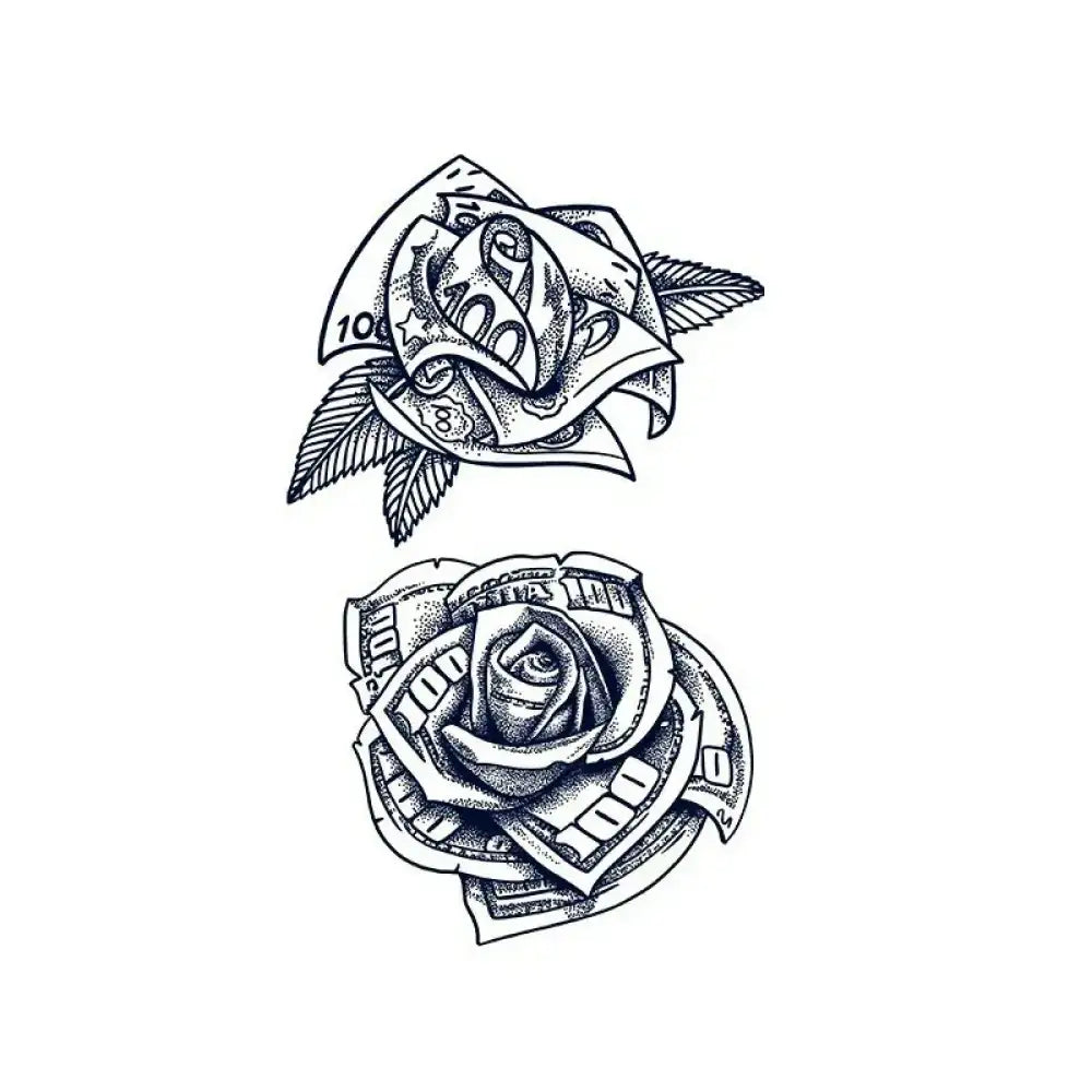 Black and white line drawings of money roses, perfect as tattoo stickers or small tattoos