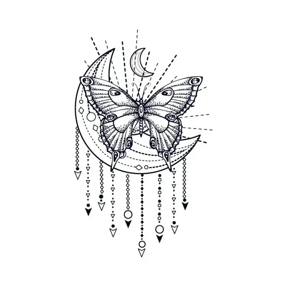 Detailed black and white moon butterfly tattoo sticker illustration