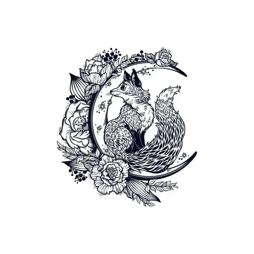 Black and white fox on crescent moon tattoo design with roses
