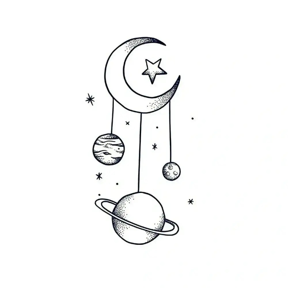 Crescent moon and star celestial mobile with hanging planets for celestial decor