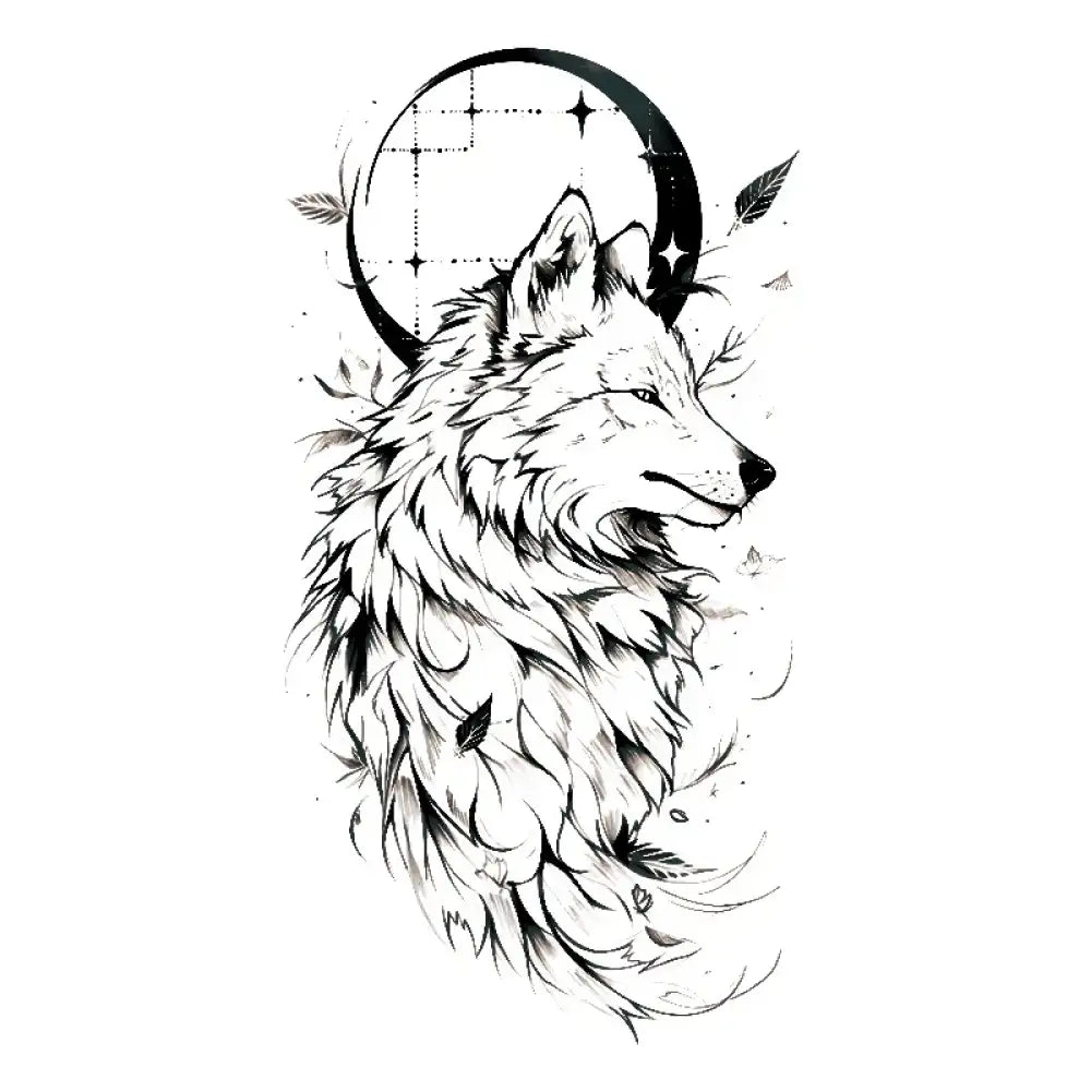 Black and white line art of moonlit wolf with crescent moon and stars