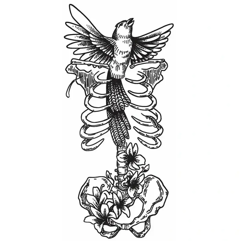 Bird emerging from ribcage with blooming pelvis in New Life tattoo design