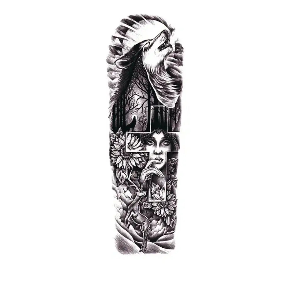 Black and white howling wolf tattoo sticker design for Night in the Forest