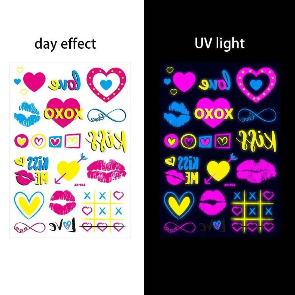 Nightbloom Feathers UV Kissed glow-in-the-dark temporary tattoos with hearts, lips, and text