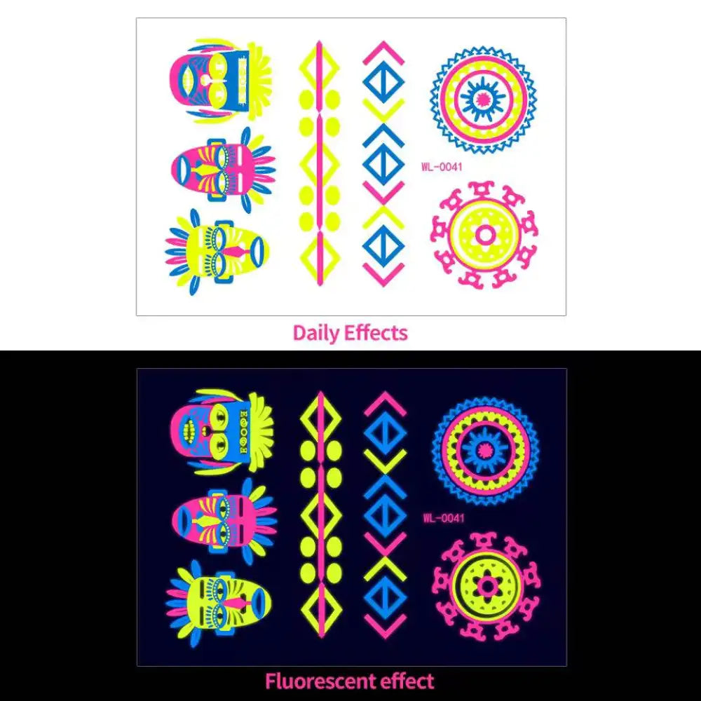 Night’s Bloom Adornments: glow-in-the-dark temporary tattoos with tribal masks