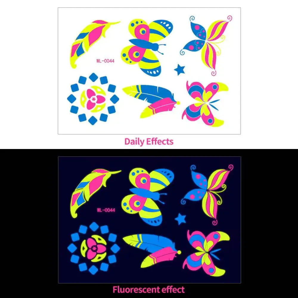 Night’s Bloom Adornments: Fluorescent temporary tattoos with butterfly, feather, star designs