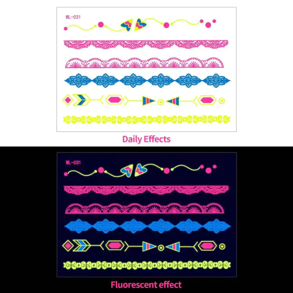 Night’s Bloom Adornments: colorful glow-in-the-dark temporary tattoos with butterfly and geometric designs