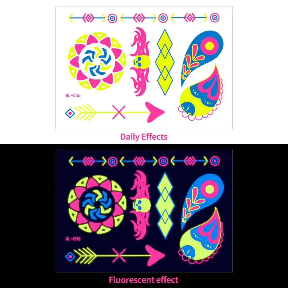 Colorful glow-in-the-dark temporary tattoos with tribal skull arrow paisley designs from Nights Bloom Adornments
