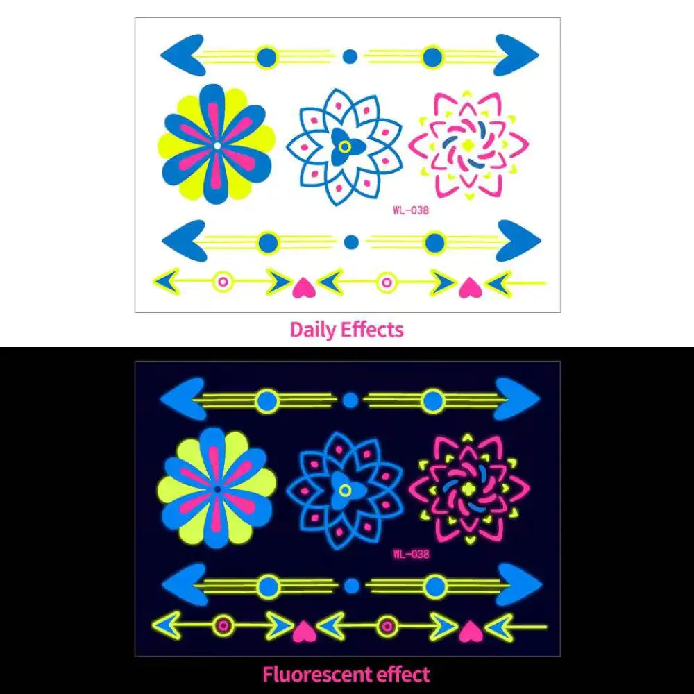 Glow-in-the-dark temporary tattoos with floral and arrow designs from Night’s Bloom Adornments