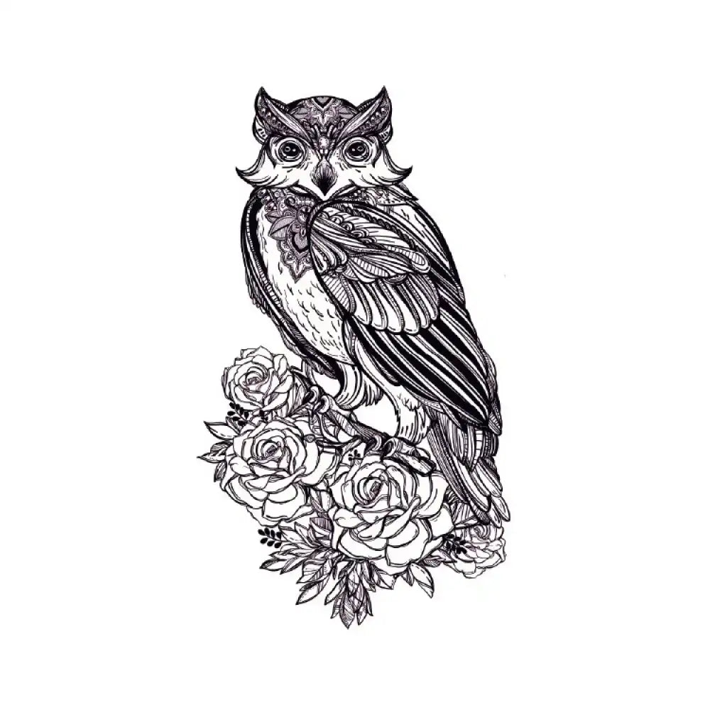 Nightwatcher Owl black and white tattoo sticker of owl on roses