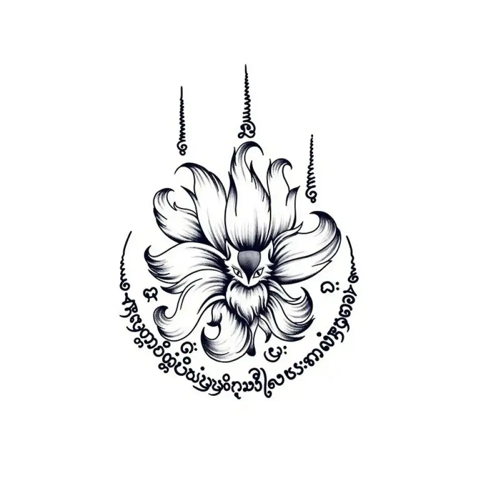 Black and white Nine-Tailed Fox Yantra Tattoo design with Thai script artwork