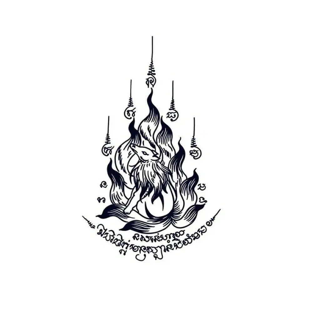 Black and white mythical nine-tailed fox yantra tattoo with flames and Thai script