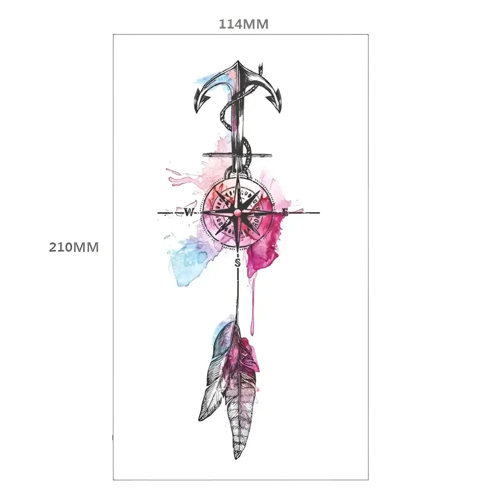 Watercolor-style ornamental rose temporary tattoo with anchor, compass, and feathers