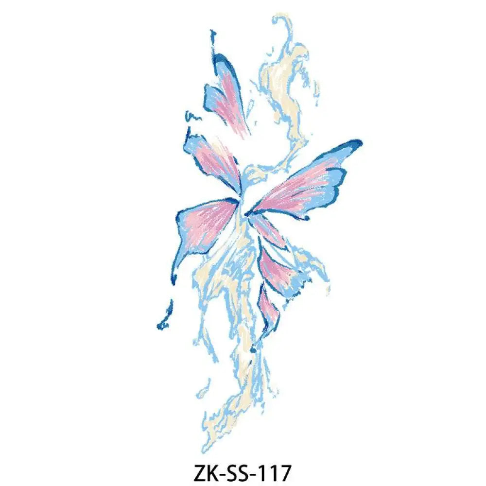 Peach Floral tattoo sticker featuring vibrant abstract butterfly design in pink, blue, and yellow hues