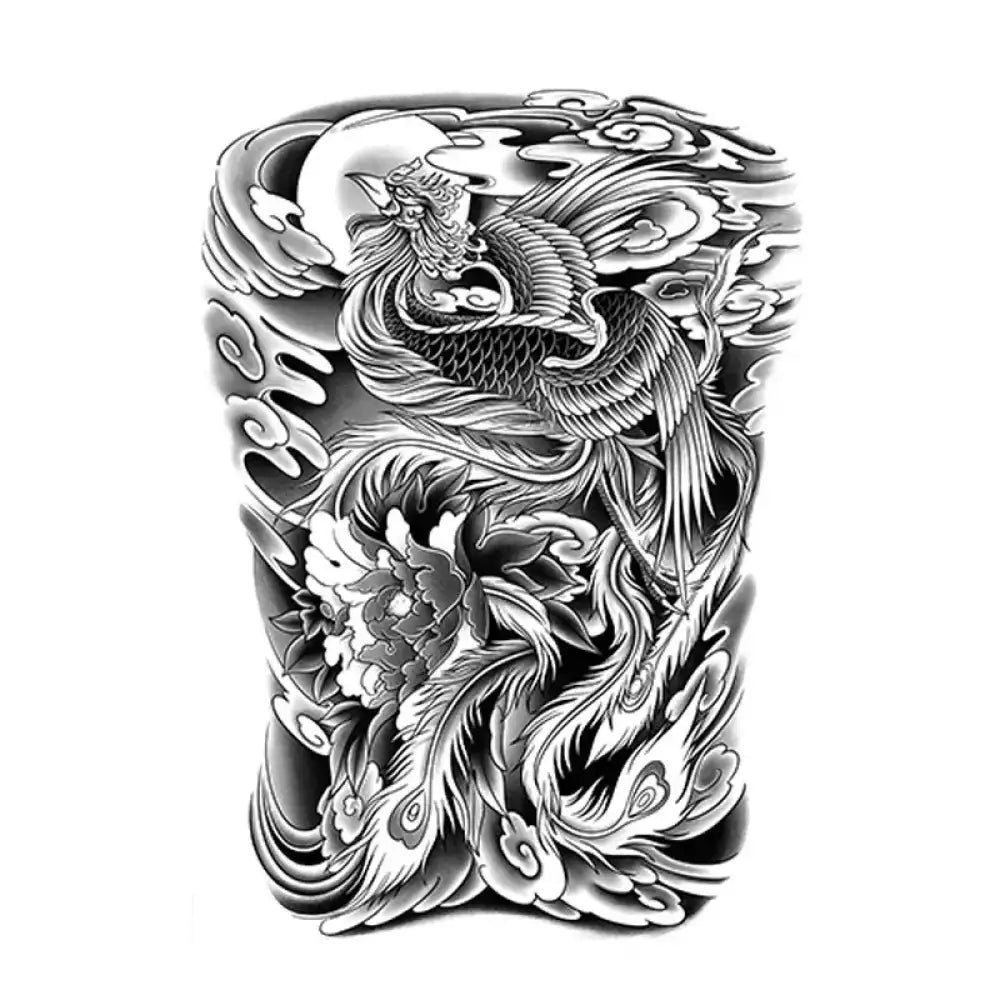 Black and white phoenix flies tattoo sticker with peony design