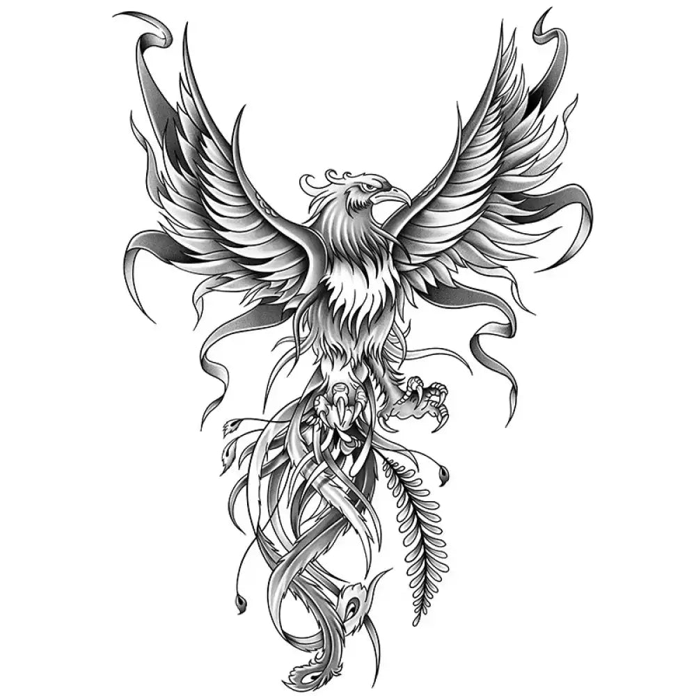 Black and white phoenix spreads wings tattoo for full back