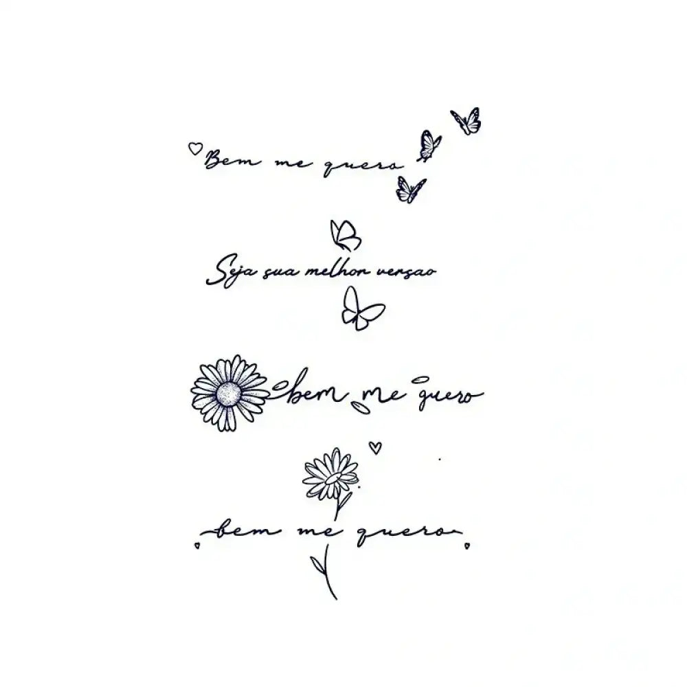 Black ink tattoo sticker with Portuguese quotes, butterflies, daisies, and positive phrases