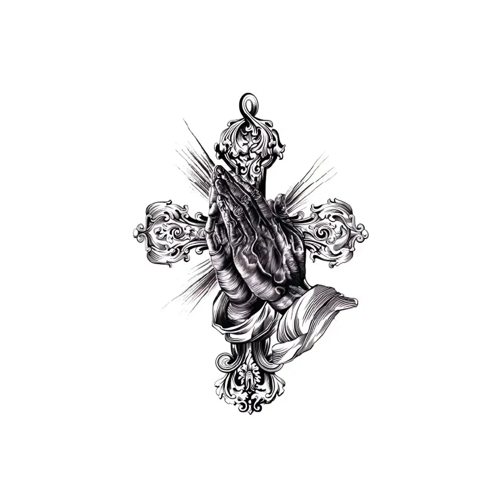 Detailed black and white praying hands over ornate cross with light, small tattoo design