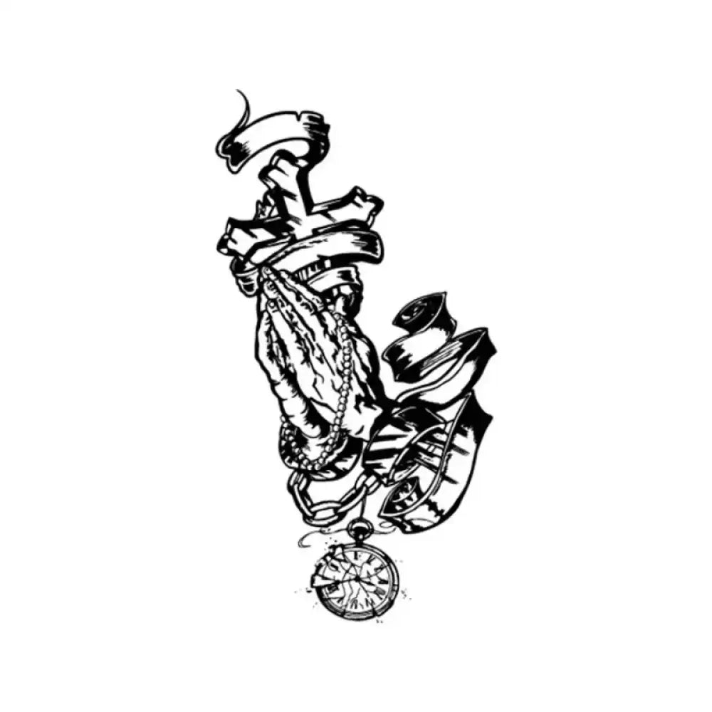 Stylized praying hands tattoo sticker with cross and broken watch