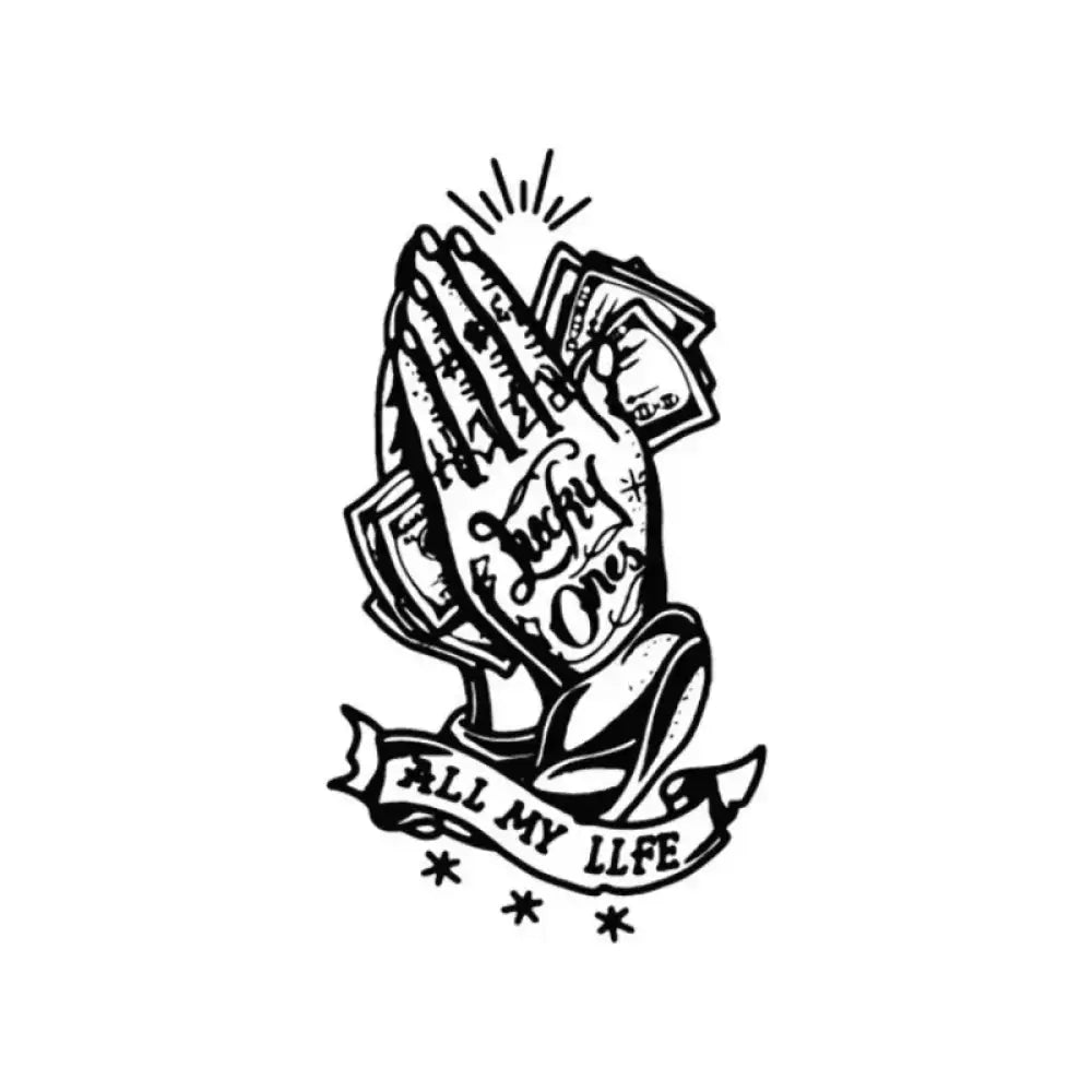 Praying hands holding cash with banner, small tattoo sticker design