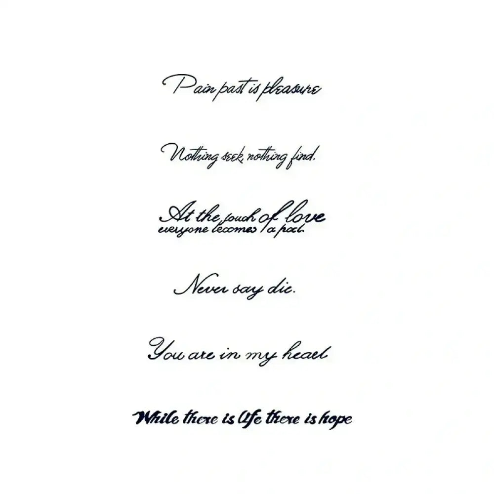 Sheet of temporary tattoos with cursive motivational phrases from the Quote Set – Cursive Motivational Phrases