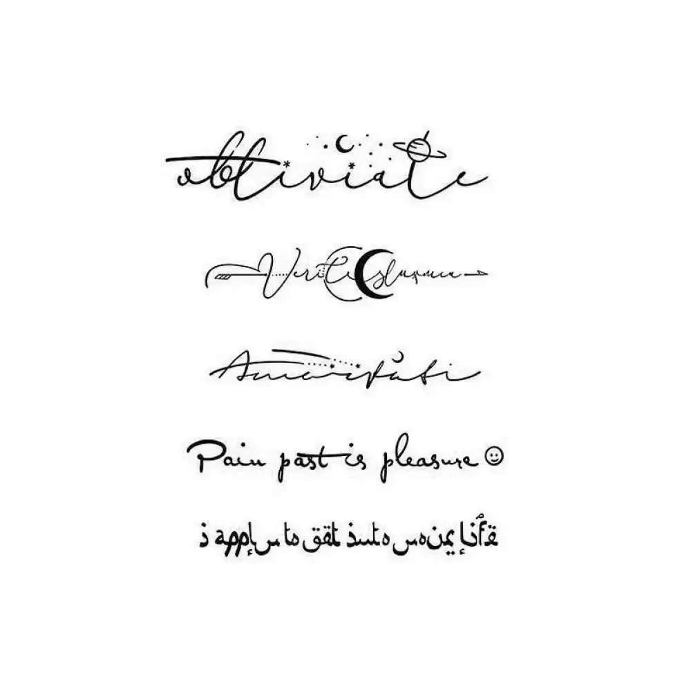 Tattoo sticker collection featuring five quote set designs in mixed languages and calligraphy