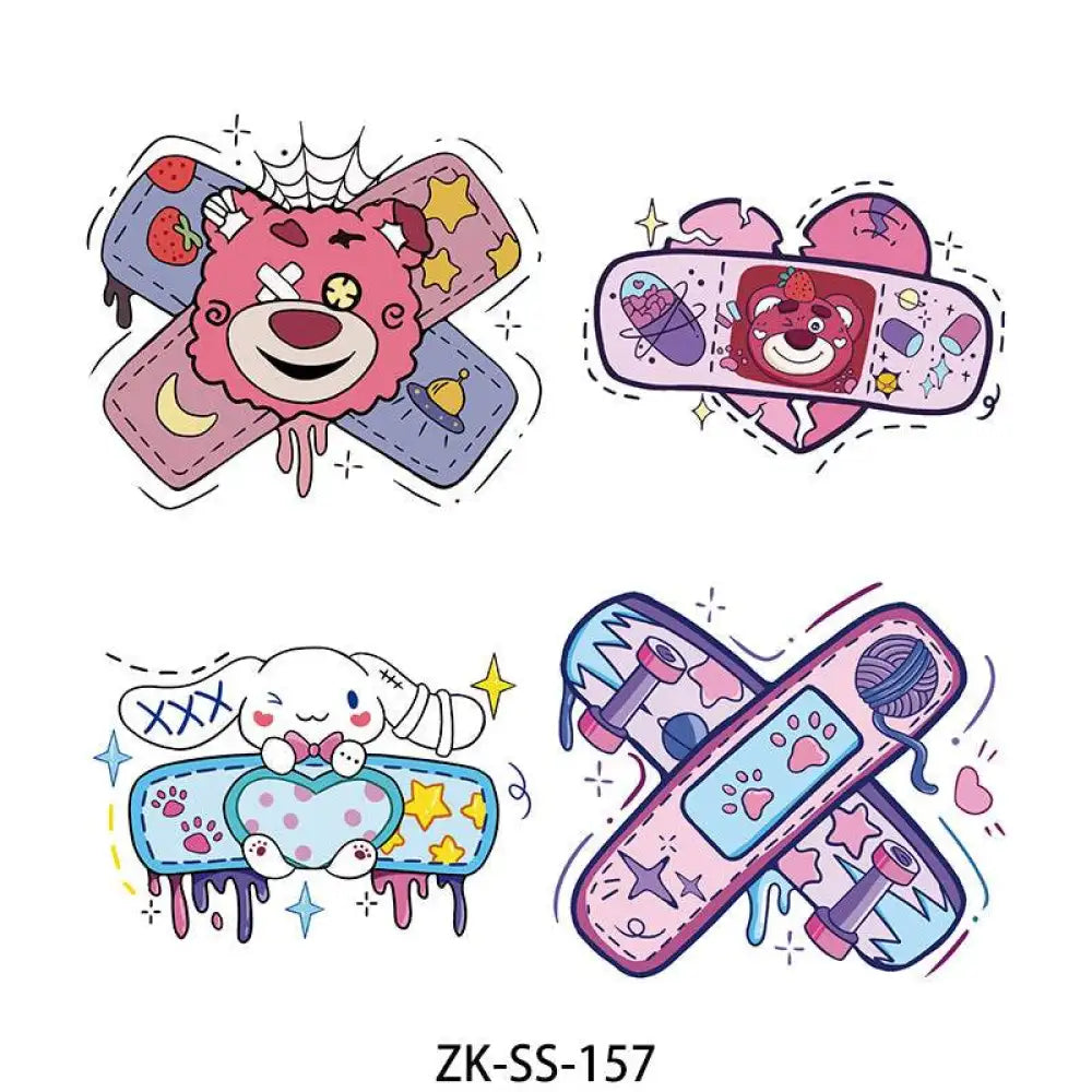 Colorful cartoon band-aid style stickers featuring popular characters and motifs on Red Floral tattoo sticker