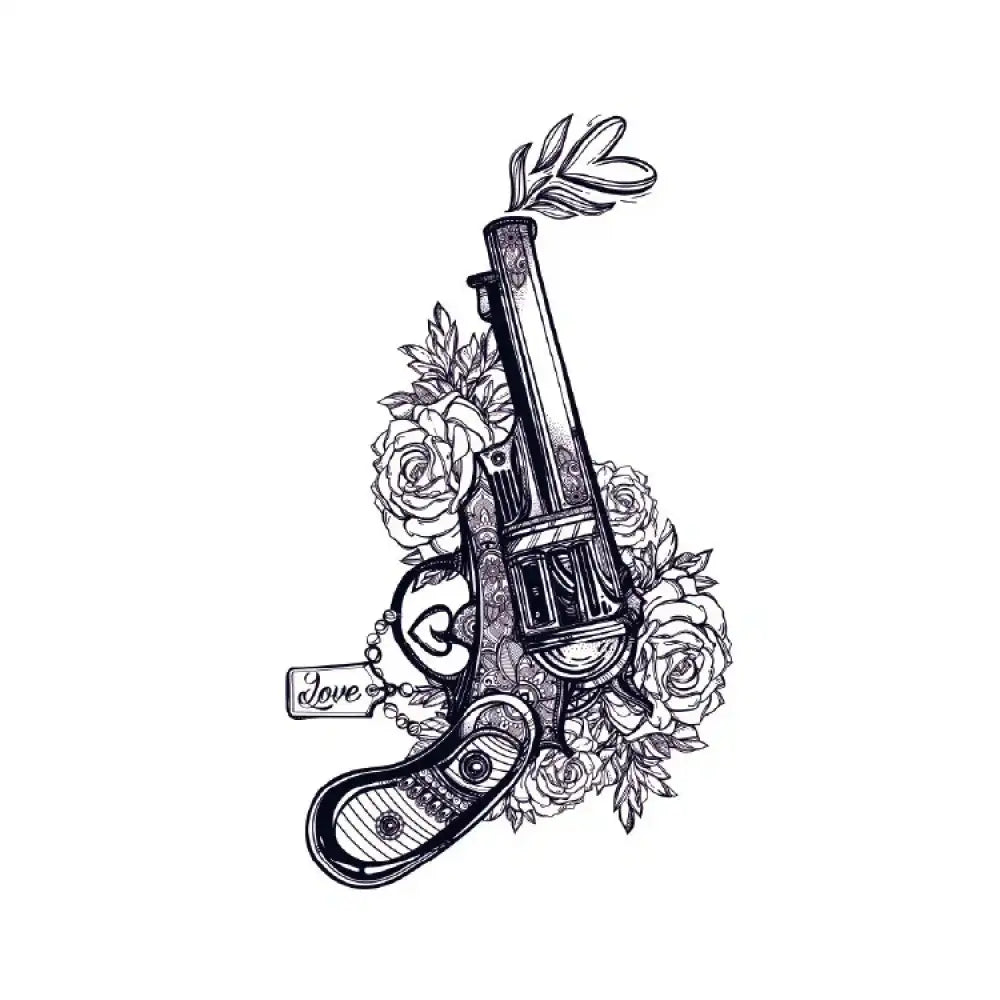 Ornate Revolver of Love tattoo sticker design with roses