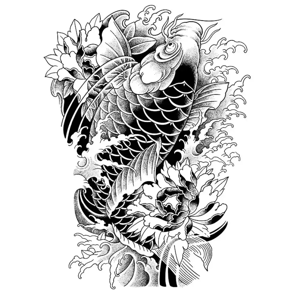 Black and white Japanese-style rising koi tattoo sticker with peony waves design